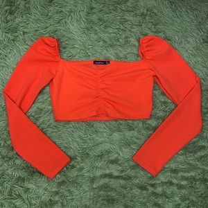 Orange Ruched Long Sleeved Crop Top